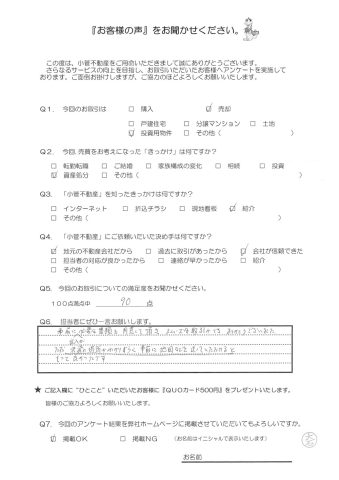 M・K様の声 90点 事前に記入が必要な書類を用意して頂きスムーズな取引ができありがとうございました。ただ決済の場所がわかりずらく、事前に地図などを送っていただけるともっと良かったです。