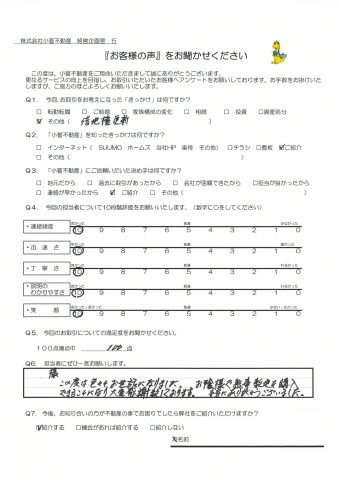 H・A様の声 100点 この度は色々とお世話になりました。お陰様で無事敷地を購入できることになり大変感謝致しております。