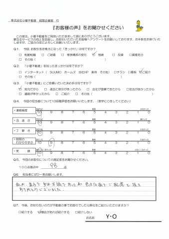Y・O様の声98点　私が遠方で身体不調であった為、色々な面でご配慮を頂きありがとうございました。